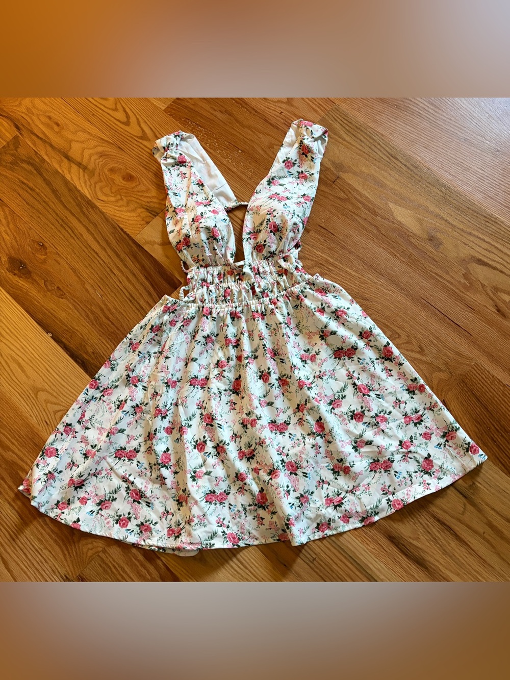 Pretty sexy Floral Pink and White Sundress - Sleeveless Ruffled Straps